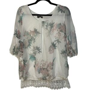 LOLA Blouse Floral Sheer Silk Lace Trim Bell Sleeve White Pink Green Italian‎ S